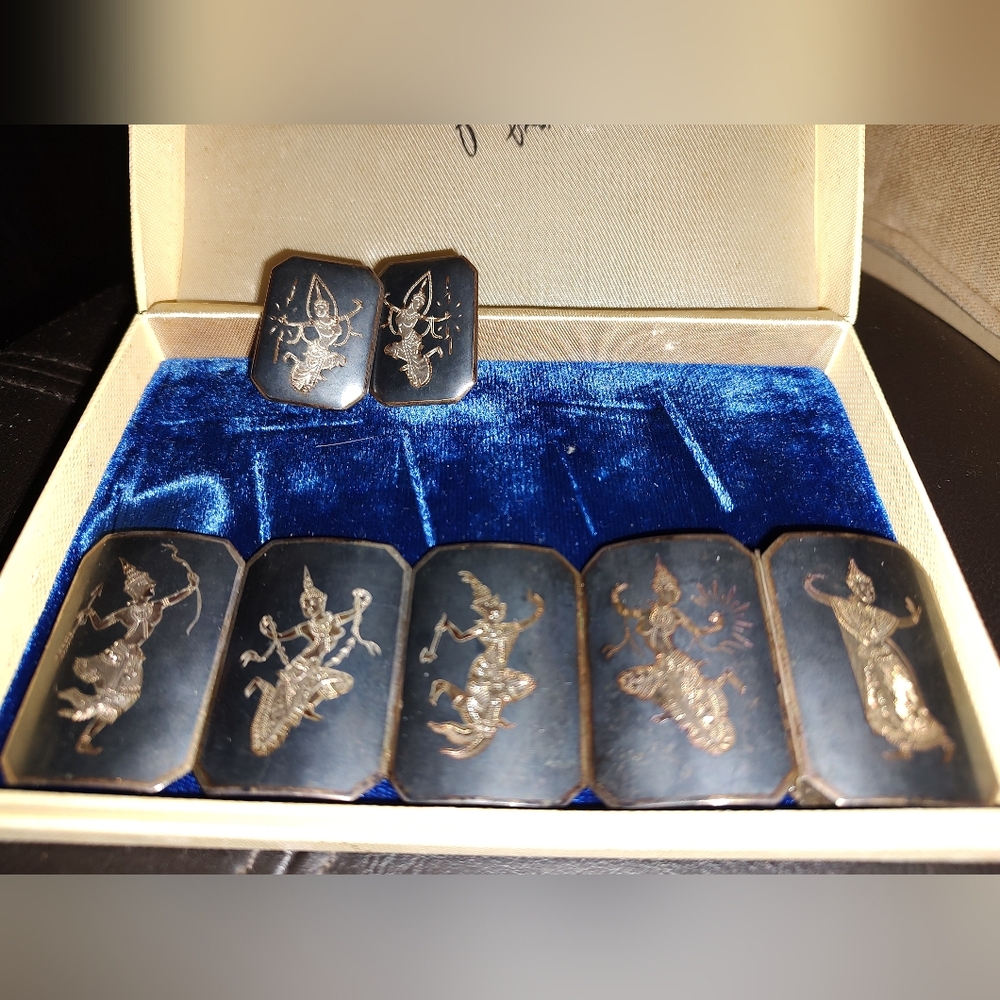 Vintage Thai/Siam Silver Nielloware Bracelet & Earrings